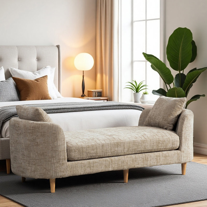 Banc rembourré 77,17 po en chenille avec accoudoirs et 2 coussins, Blé