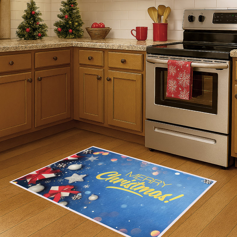 31 po x 19 po - Tapis d'entrée de cuisine bleu antidérapant lavable à poils courts Merry Christmas
