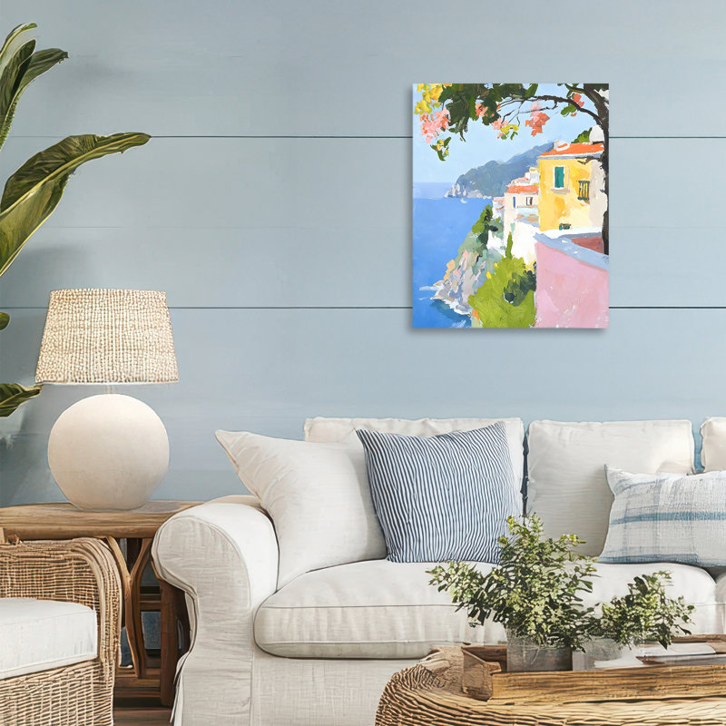 Toile vue sur la mer côtière italienne, design par Riley B, H 20 po x l 16 po