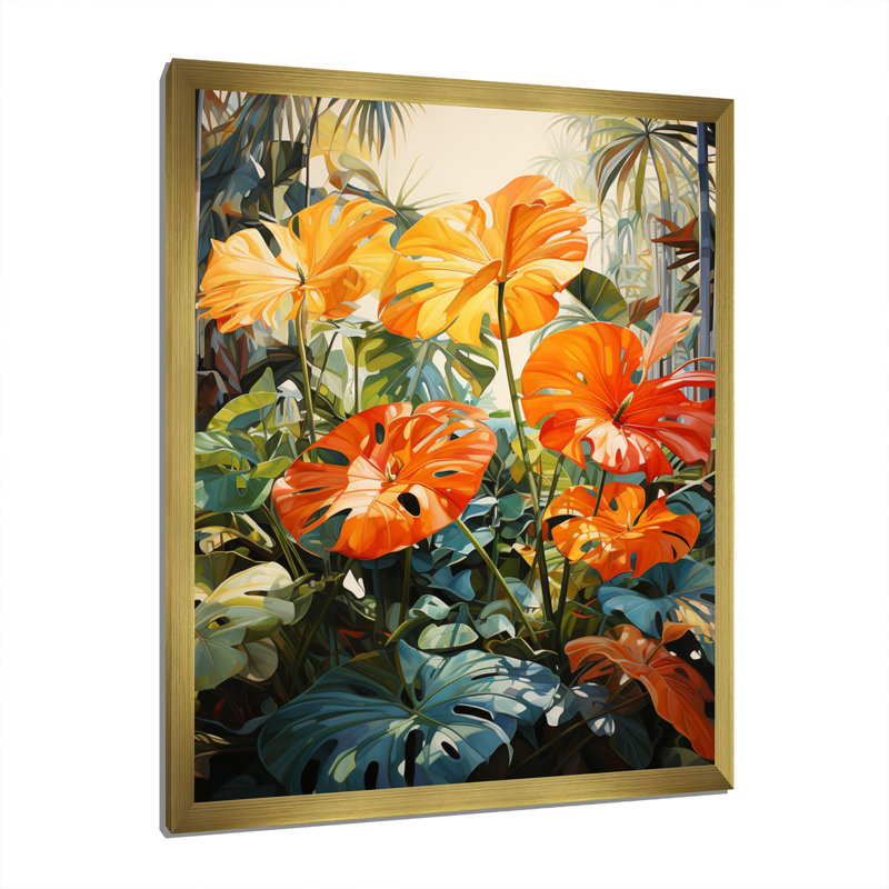 Feuillage tropical orange et vert IV, H 32 po x l 24 po x P 1 po, Encadrement doré
