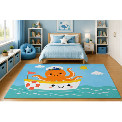 "Ultra Lightweight" 5'x7' Cute Captain Octopus Boat Area Rug for Kids Bedroom Nursery Playroom Scandinavian Minimalist Ocean Animal Coastal Decor Non-Slip Silicone Backing Low Pile