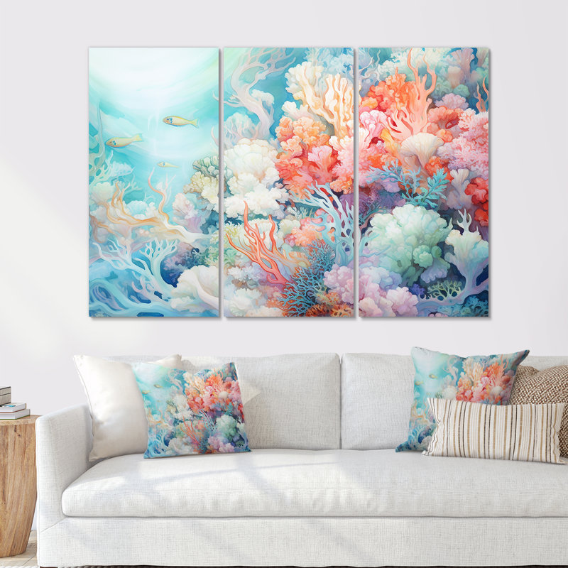 Ensemble de salon mural Cresencio - Coastal Coral Under Water, H 28 po x l 36 po x P 1 po, Toile tendue