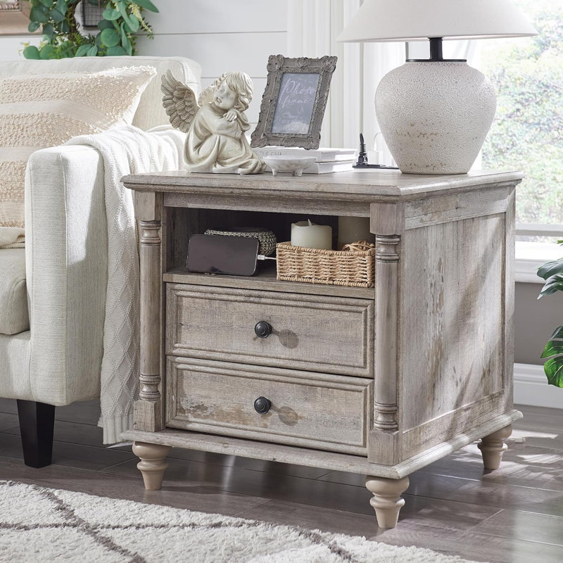 Rushville Farmhouse 2 - Drawers Nightstand with Charging Station, Tall Rustic Wood Square End Table with Open Shelf