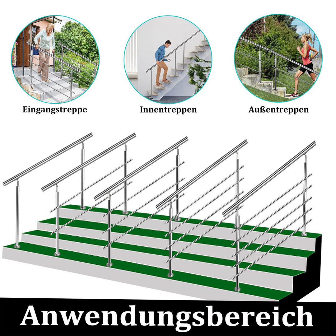 Edelstahl Handlauf Geländer Für Treppen Brüstung Balkon Mit 3 Querstreben - Innen Und Außen Handlauf Geländer Treppengel...