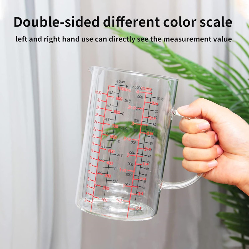 Tasse à mesurer en verre, 1000 ml (4 tasses), borosilicate, échelle à double face, H 6,40 po x l 3,80 po x P 6,60 po