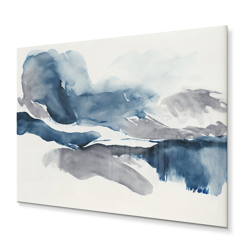 À travers les nuages bleus saphir I - décoration murale abstraite à l'encre liquide en métal, H 12 po x l 20 po