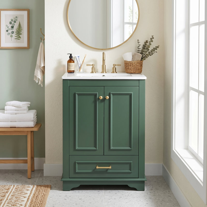Meuble-lavabo autoportant moderne de 24 po avec lavabo en céramique, portes à fermeture douce et poignées en métal doré, 24"