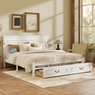 King Size Bed with Tall-Panel Headboard & Footboard, 2 Storage Drawers, Built-in LED Lights, USB Charging Station, Pinewood Bed with Strengthened Bed Frame