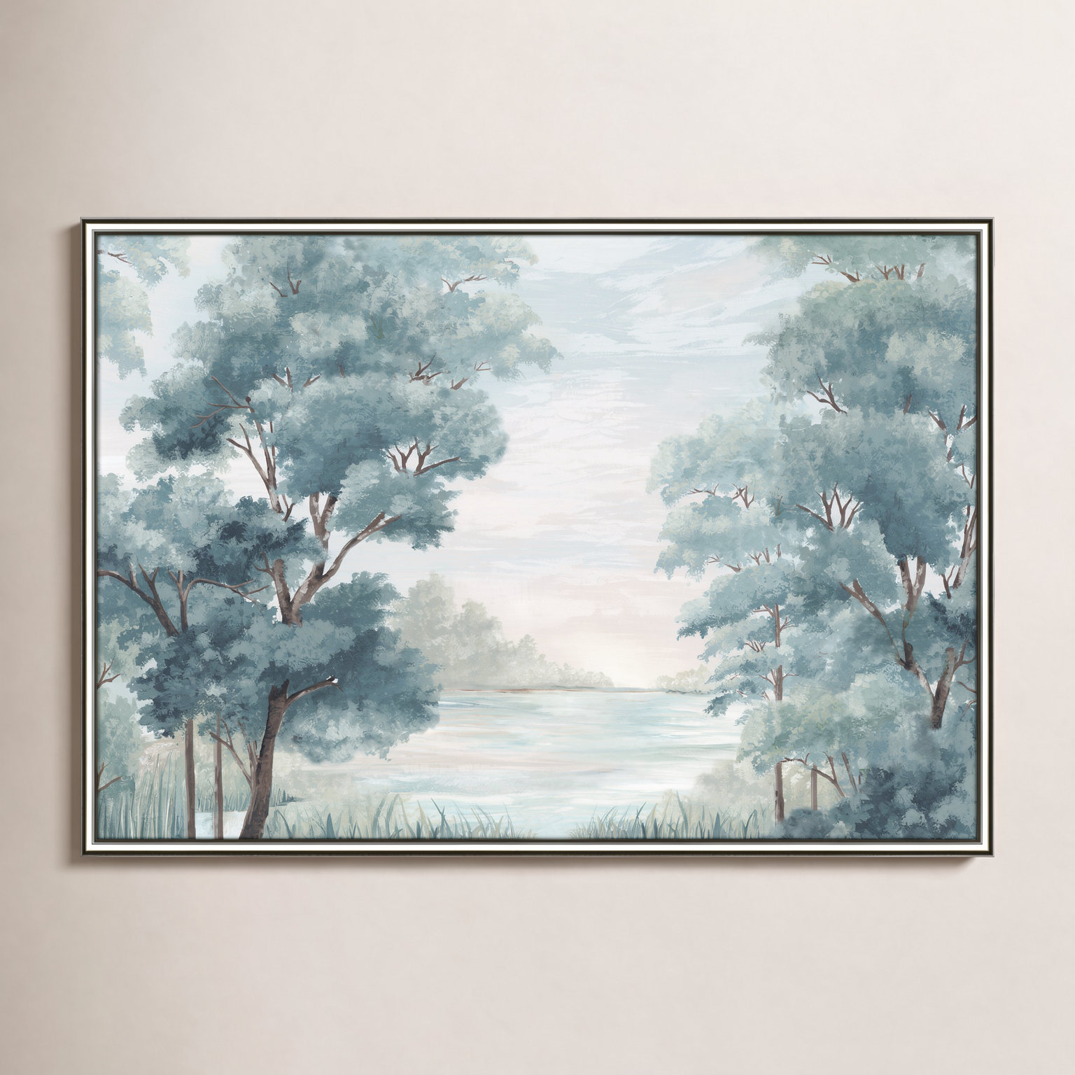 LeeRoy "Calm Forest River" Painting, Silver Framed, 26.75" H x 36.75" W x 0.87" D