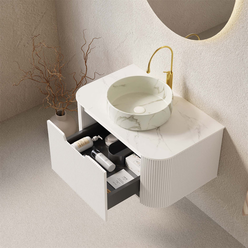 Meuble-lavabo flottant de 30 po avec rebords courbés, rangement rayé et plateau en céramique durable et pierre frittée, pré-assemblé