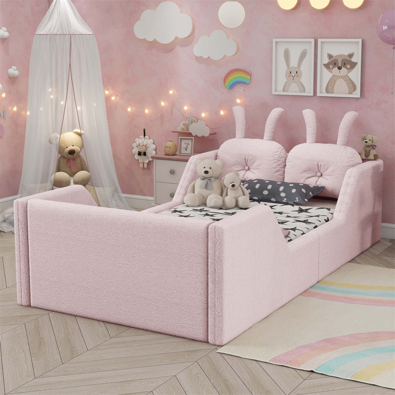 Twin Size Upholstered Platform Bed With Rabbit Cushion, Kids Floor Bed With Removable Side Rails, Soft And Safe Design, Pink