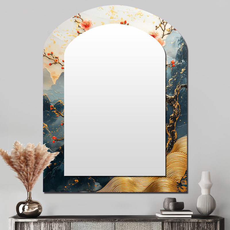 Branches de cerisier en fleurs dorées - Grand miroir mural arqué sur métal, 43 po x 33 po