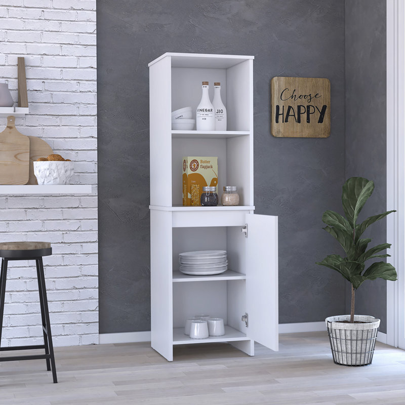 Kitchen Pantry H 59 po, deux tablettes de rangement ouvertes, armoire à une porte, deux tablettes intérieures, blanc