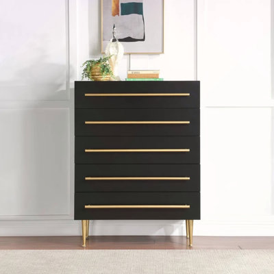 Contemporary 5-Drawer Chest with Gold Accent, 1 Piece Drawer Dresser for Bedroom, Wooden Storage Unit, Black