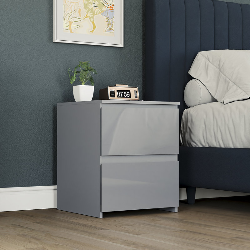 Oslo 2 Drawer High Gloss Bedside Chest (FSC 100%) Bedroom Home Bedside Furniture, Grey