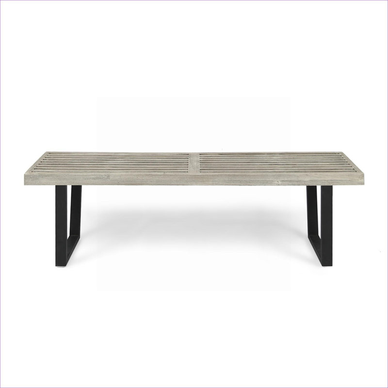61.75-Inch 3-Seat Soft Gray Acacia Wood Black Metal Outdoor Patio Bench, Rustic Contemporary Style for Garden Use