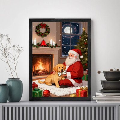 Black Framed Classic Christmas Santa Claus & Dog Christmas Wall Art Cozy Vintage Festive Detailed Frame Print