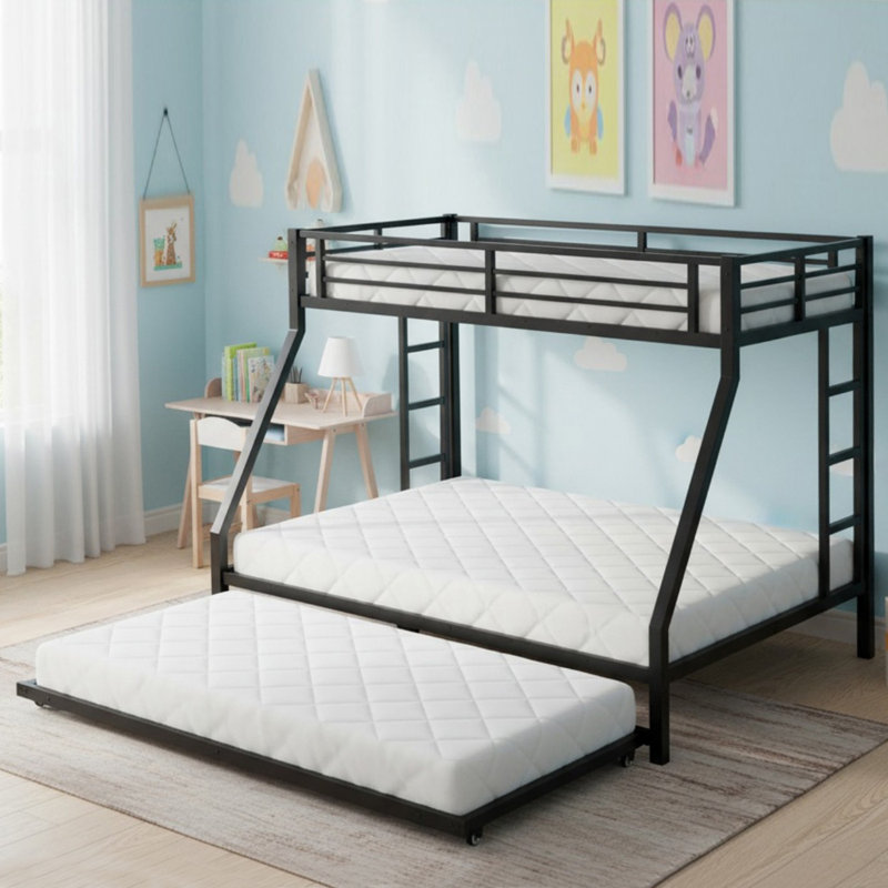 Twin XL Over Queen Metal Bunk Bed with Twin Size Trundle for Bedroom, Twin XL Over Queen