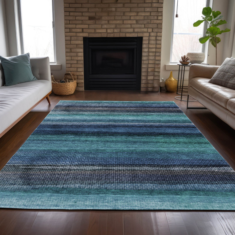 Tapis bleu sarcelle lavable à la machine intérieur / extérieur Xhevrie, Rectangle 9 pi x 12 pi