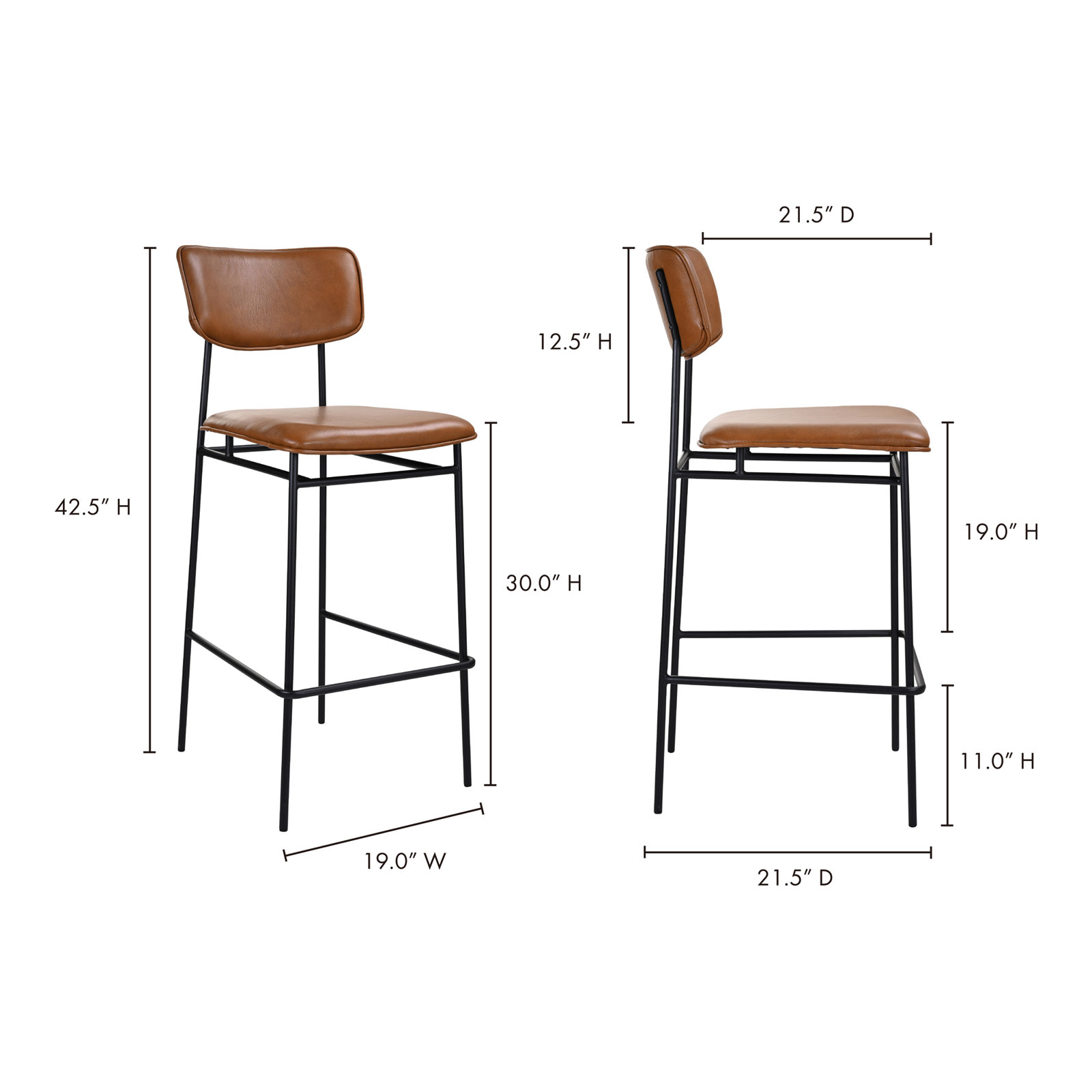Turin Leather Bar and Counter Stool, Bar Stool (30” Seat Height), Brown Pebbled Top Grain Leather