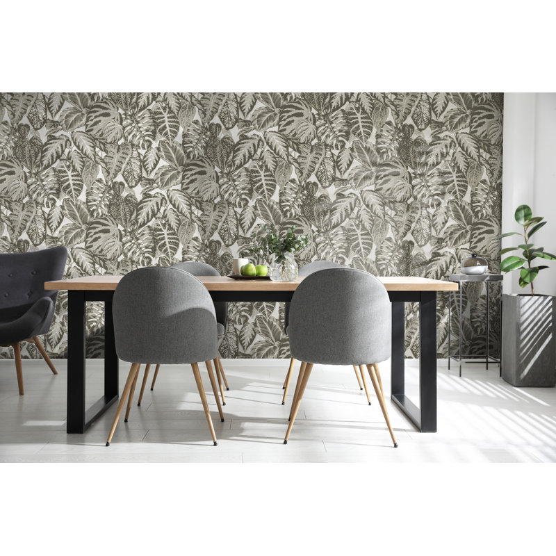 Skookum Flocked Velvet Elephant Leaf 10.05m x 53cm Wallpaper Roll, Charcoal/Ecru/White