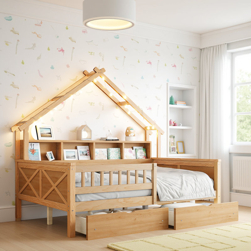 Guardrail Wooden House Bed With LED Light Strip and Storage Place, Brown