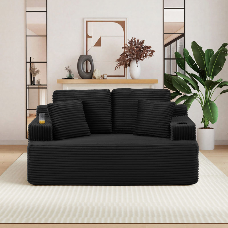 Boneless Modern Corduroy Loveseat Sofa, Compression Cloud Couch with 2 Pillows & 2 Cup Holders, No Assembly Couch in a Box for Small Space