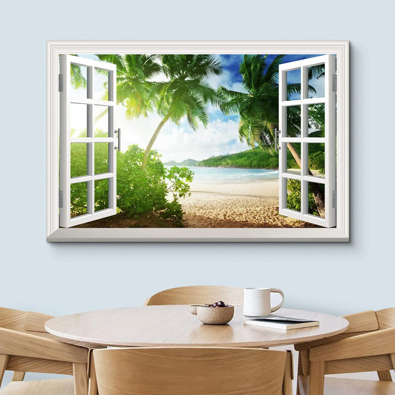 Fenêtre, paysage, palmiers verts tropicaux sur la plage, images côtières, impression sur toile, H 16 po x l 24 po