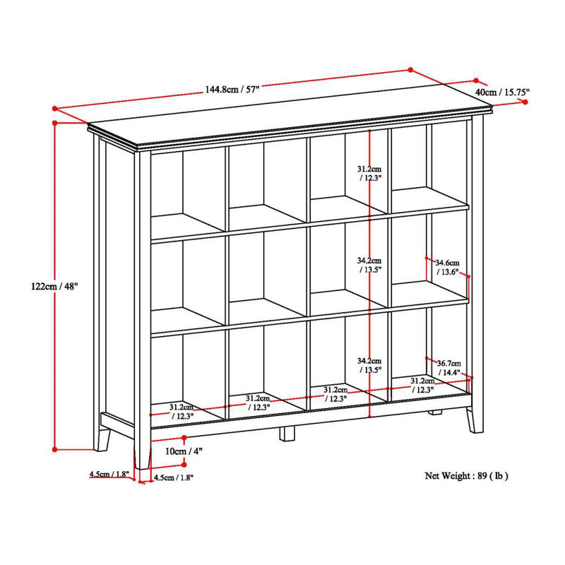 Artisan 57"W Solid Wood 12 Cube Storage Bookcase with Fixed Shelves, White