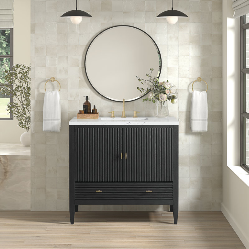 Myrrin 36'' W Single Vanity, Carbon Oak, Ethereal Noctis, 8" Widespread