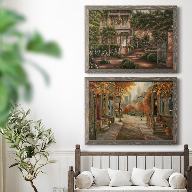 Jane's Courtyard II - ensemble de 2 peintures sur toile encadrées, Encadré gris, H 31 po x l 44 po x P 1 po