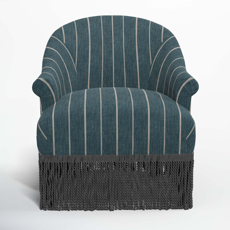 Callie Cotton Upholstered Barrel Chair with Recessed Rolled Arms and Solid Wood Legs, Black, Fritz Indigo Stripe
