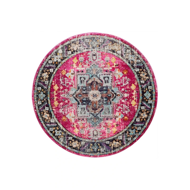Red Black Themed Multicolored Motif Vintage Woven Base Round Decorative Carpet, Round 2'8"
