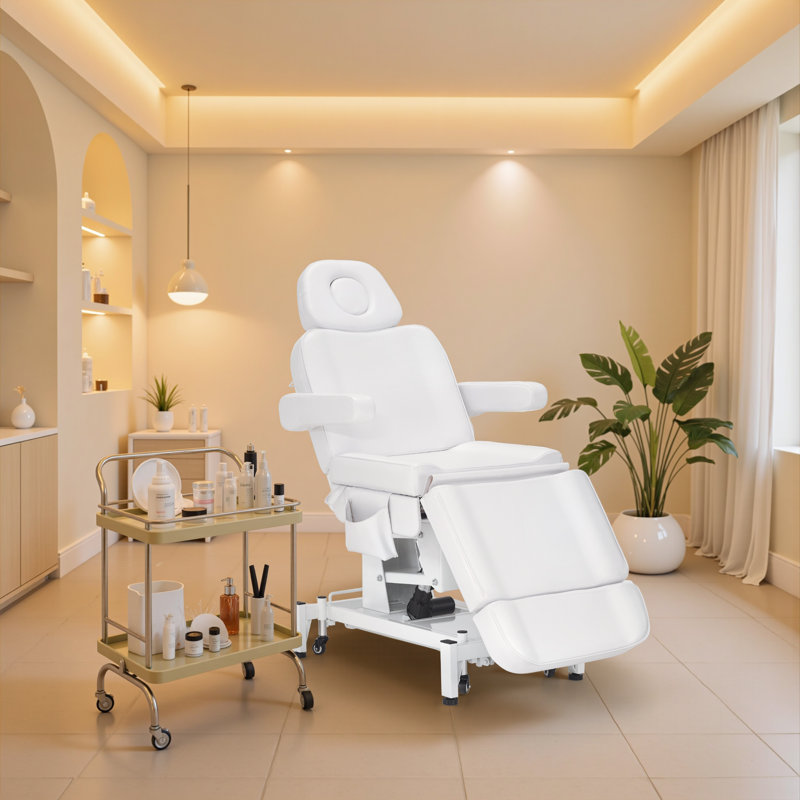 Lit de massage électrique à 3 moteurs avec hauteur réglable, pieds et dossier, lit pour le visage pour esthéticienne, Blanc