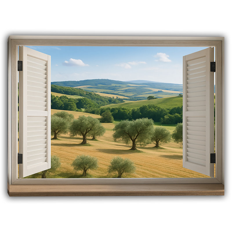 Vue d'Oliveraie - Collines pastorales à travers une fenêtre à volets blancs, H 24 po x l 36 po