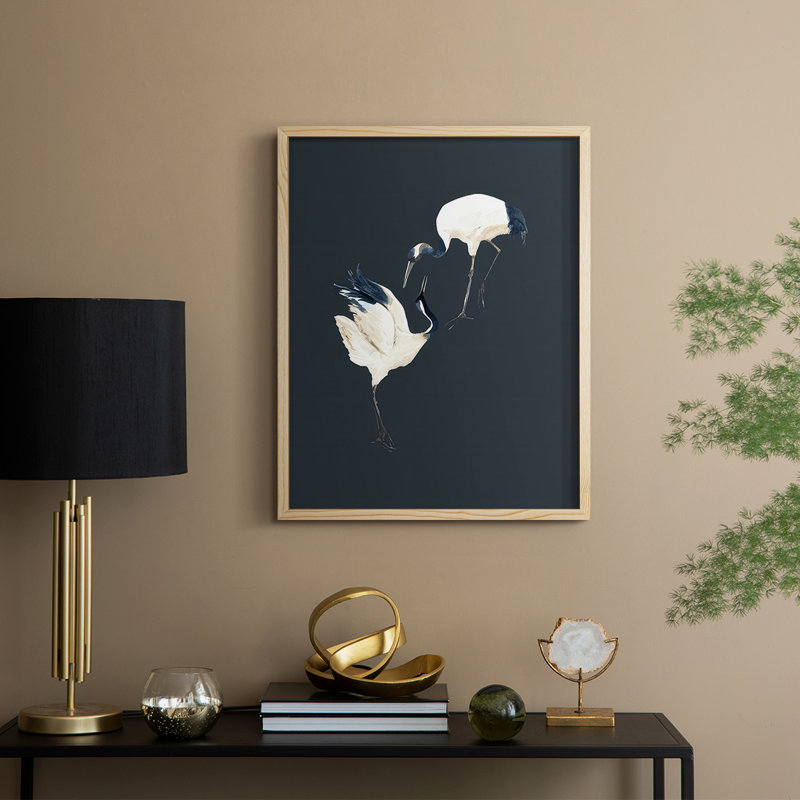 Cranes on Indigo I Framed Print - Solid Wood, Naturel, H 15 po x l 12 po