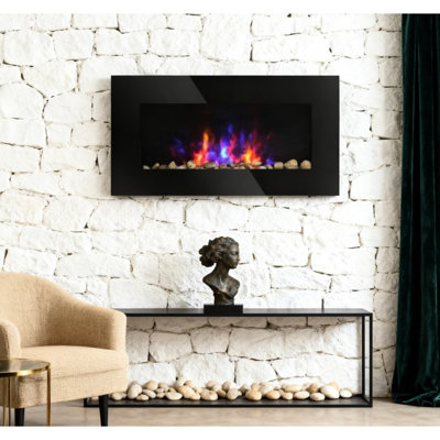 Foyer électrique mural à 7 flammes de couleur, chaleur réglable de 725 W ou 1450 W, protection contre la surchauffe, verre trempé noir et métal, couvre 161 400 pieds carrés, foyer à télécommande disponible