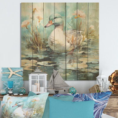 Emerald Duck Floral Pond Reflections I - Canard sur bois