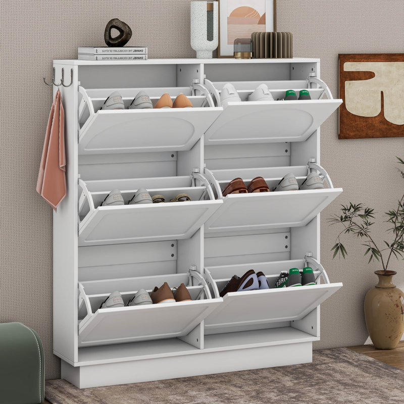 Modern Elegant Narrow Tipping Bucket Shoe Cabinet With 6 Flip Drawers, Adjustable Shelf, 3 Silvery Hooks, White