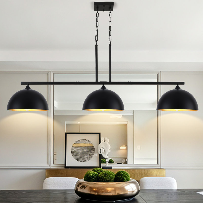 Suspension à trois lumières en forme de dôme noir pour cuisine, salle à manger, bar, café