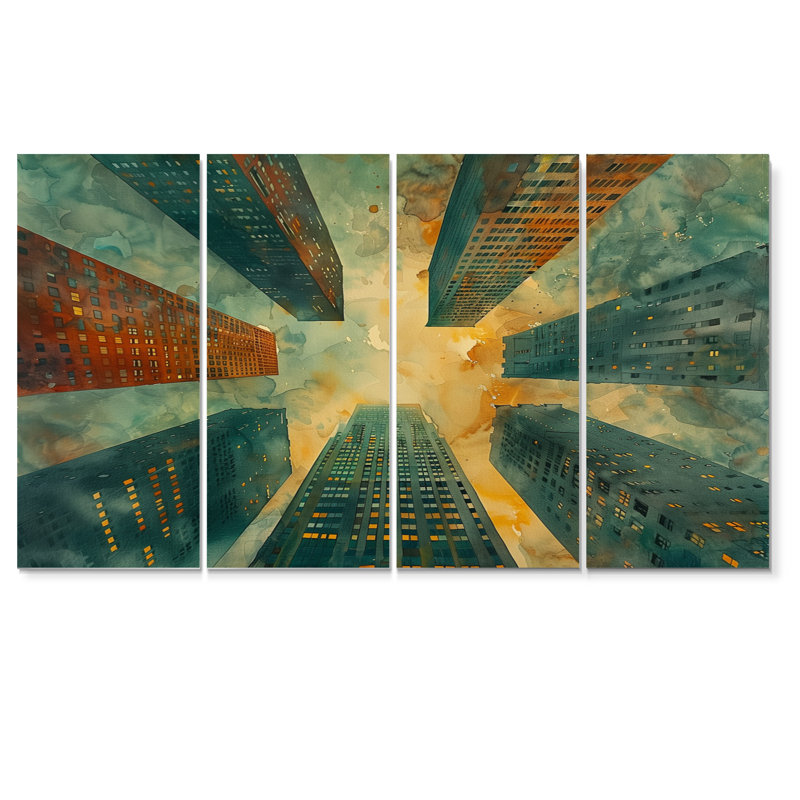 Vert, rouge, urbain, rétro, gratte-ciel, ensemble d'art sur toile gratte-ciel, H 32 po x l 64 po
