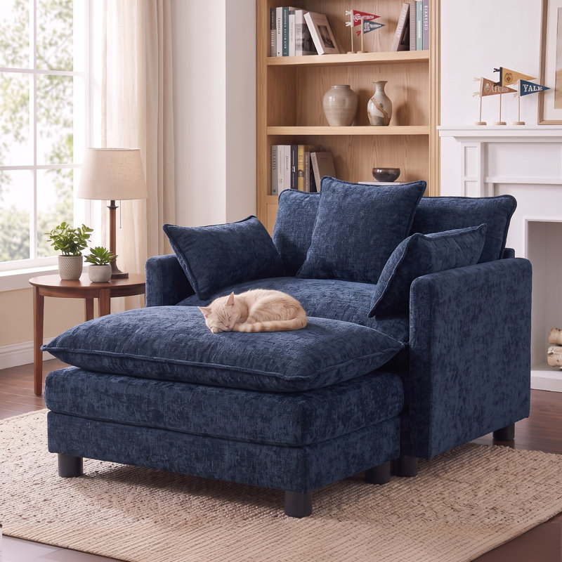 Fauteuil d'appoint rembourré en chenille de 39,4 po avec repose-pieds et fauteuil de lecture de style moderne 39,4 po, Bleu
