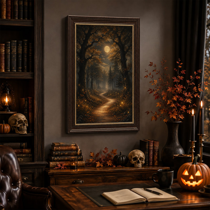 «Autumn Forest Path Under Full Moon with Glowing Halloween», art mural sur toile, H 18 po x l 12 po