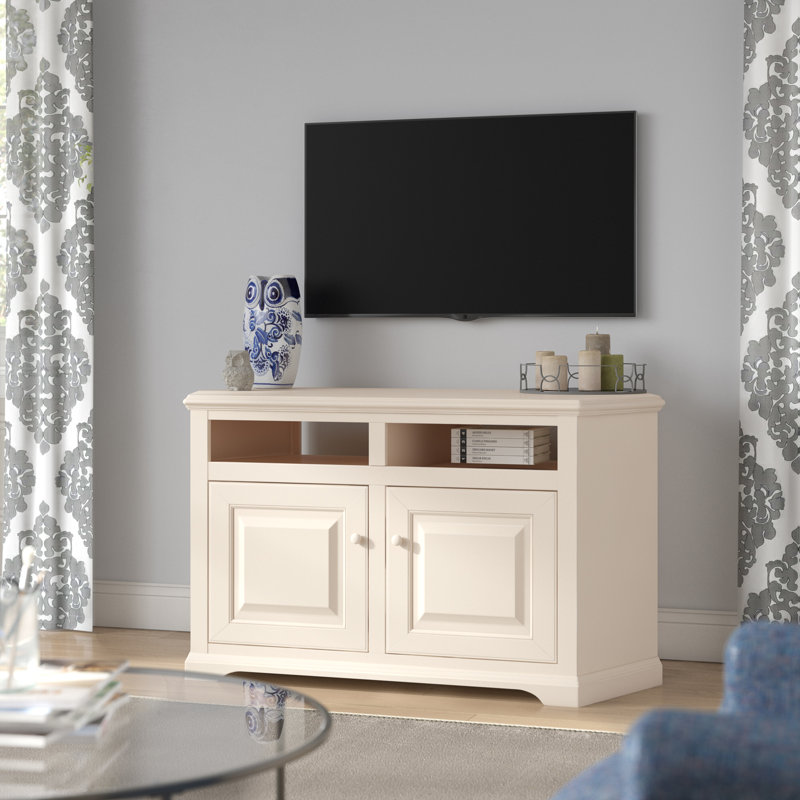 Meuble télé d'angle en bois massif pour téléviseur de 65 po ou moins Wentzel, Bois, Bleu fumée