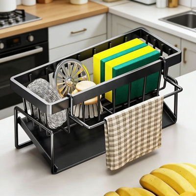 Kitchen Sink Organizer With Draining Tray And Detachable Dish Cloth Holder, Auto-Drainage Design For Countertop Organization