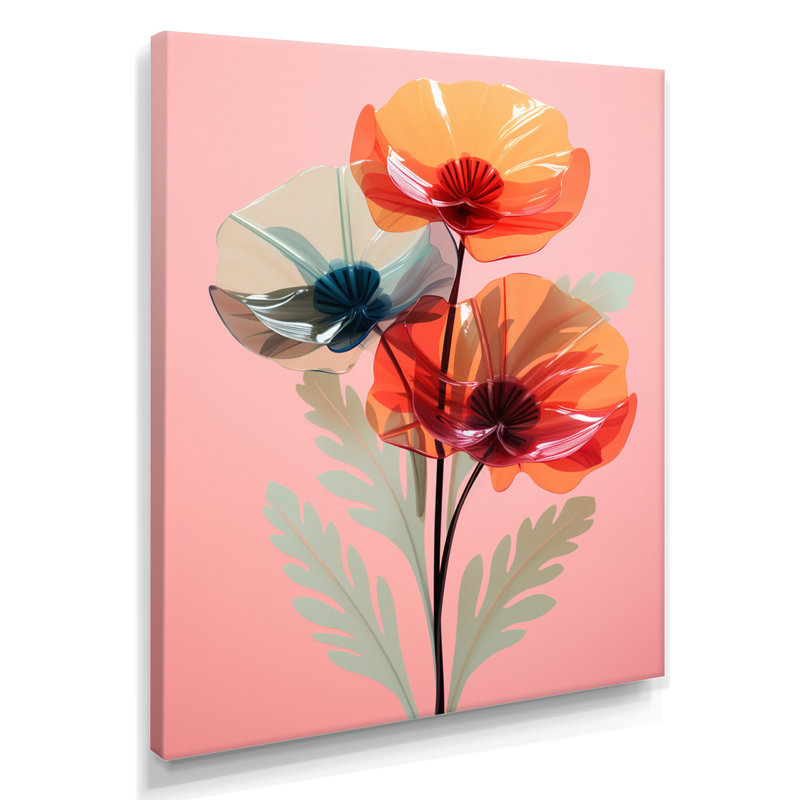 Abstrait fleur de coquelicot rouge sur fond rétro rose - impression d'art mural coquelicot, H 44 po x l 34 po x P 1,5 po