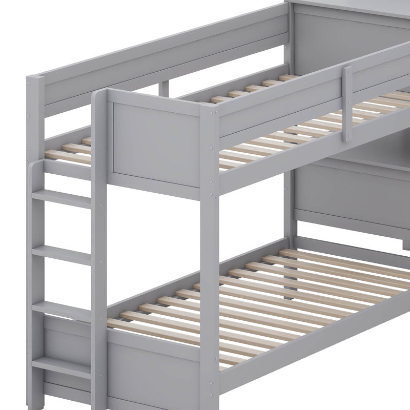 Lit superposé triple en L avec tiroirs, lit superposé simple en bois avec bureau, Gris