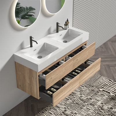 Grace 48'' Bathroom Vanity With Oak Engineered Quartz Sink And Soft Black Drawers, Wall Mounted Floating Bathroom Vanity For Modern Bathroom, One-Piece
