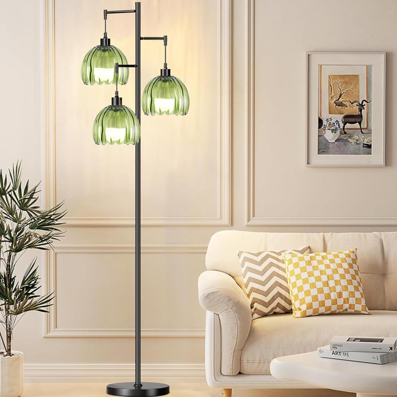 Mid Century Modern Floor Lamp With Adjustable Flower Glass Shades, 68IN Tall Vintage Tree Design For Living Room, Bedroom, Office, Includes 3 Bulbs