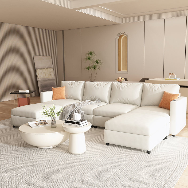 Modern Large Sectional Sofa, U-Shape Modular Sectional Couch With Storage Function, Antique White Fabric